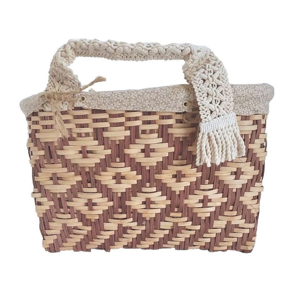 Vintage Handmade Brown & Tan Woven Basket Lined Tote Handbag W/Crochet Handles